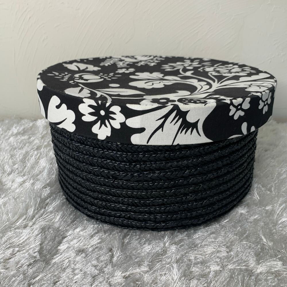 Black Straw Basket Floral Fabric Covered Lid 11 x5" Storage